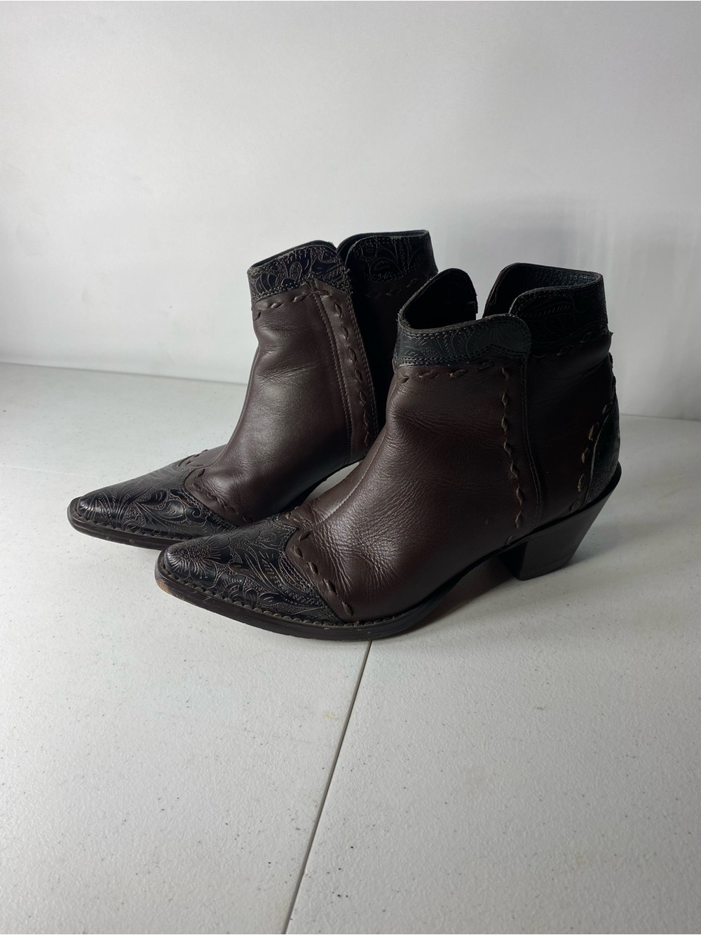 Roper Dark Brown Western Embossed Leather Ankle Booties
